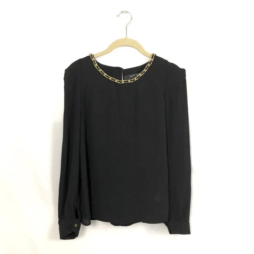 CHOIES Black w/ Gold Chainlink Round Collar Puff Sleeve Long Sleeve Blouse